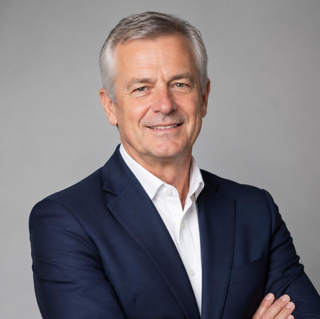 Middle-aged man in a suit smiling in an office