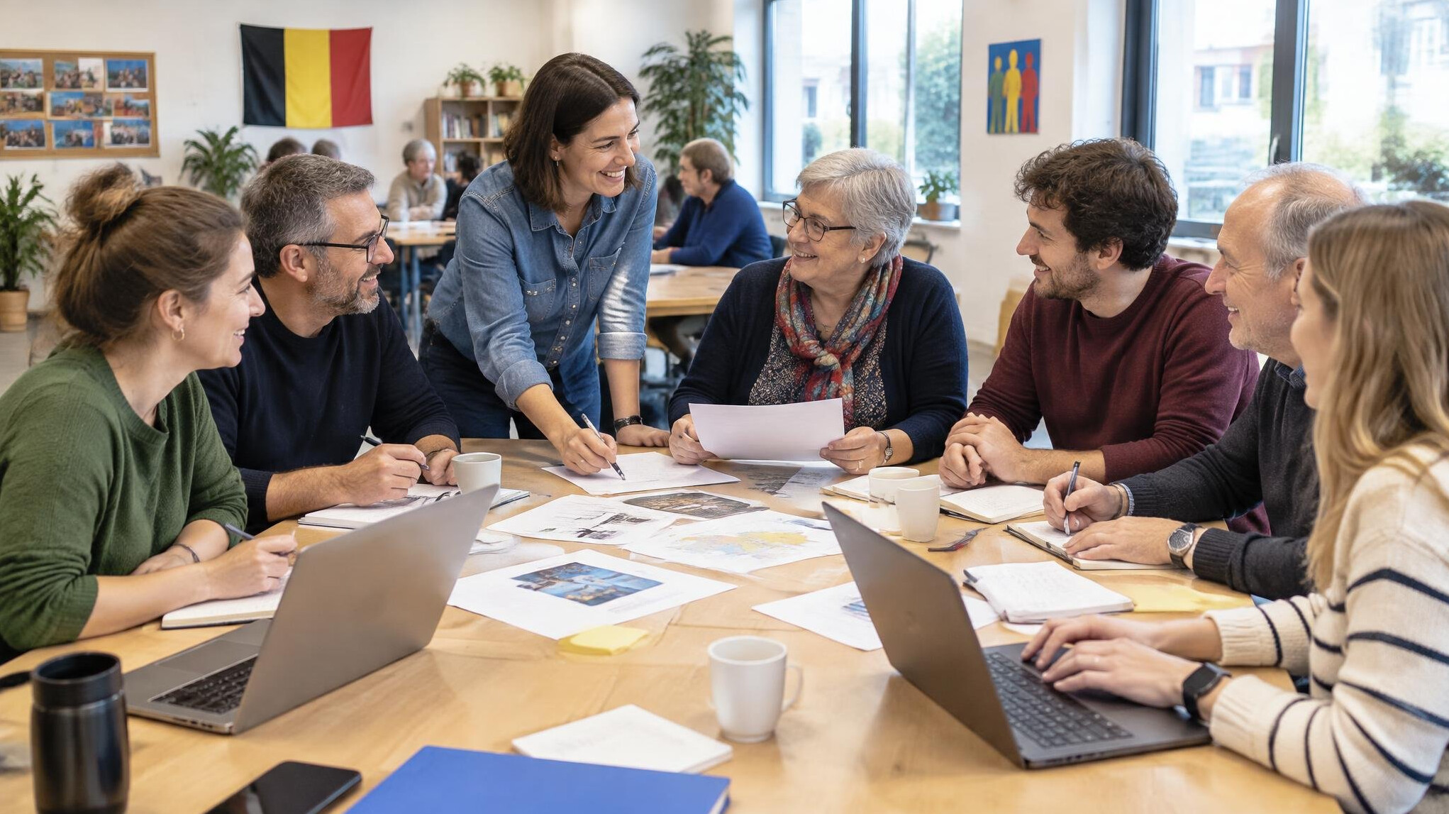 Group of colleagues smiling and collaborating in an office