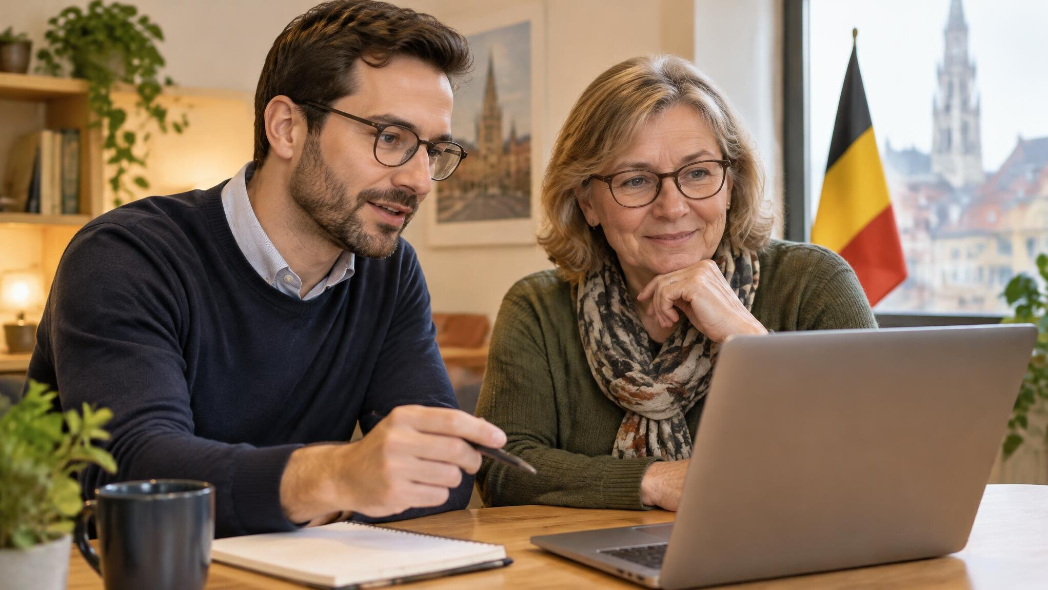 Two people having a one-to-one discussion at a desk with a laptop
