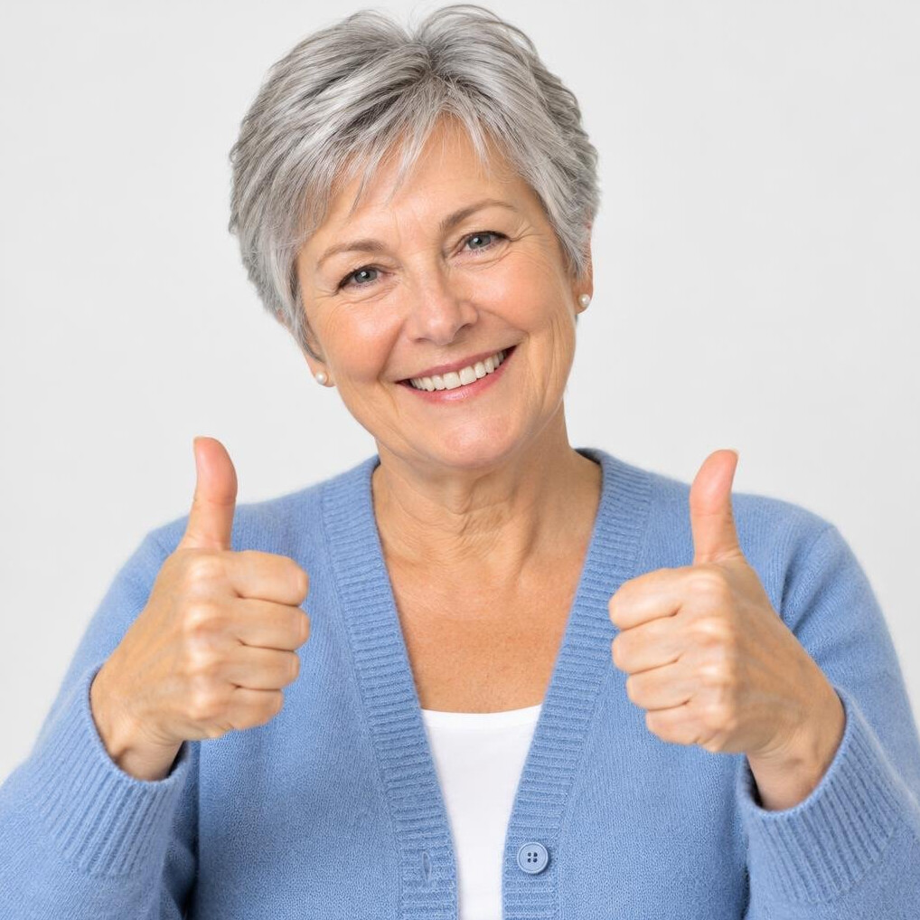 Smiling mature woman with grey hair giving thumbs up in a bright room